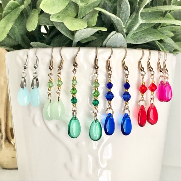 New Pale Pastel Blue Glass Teardrop Dangling Earrings Handmade Water Droplet - Picture 4 of 8